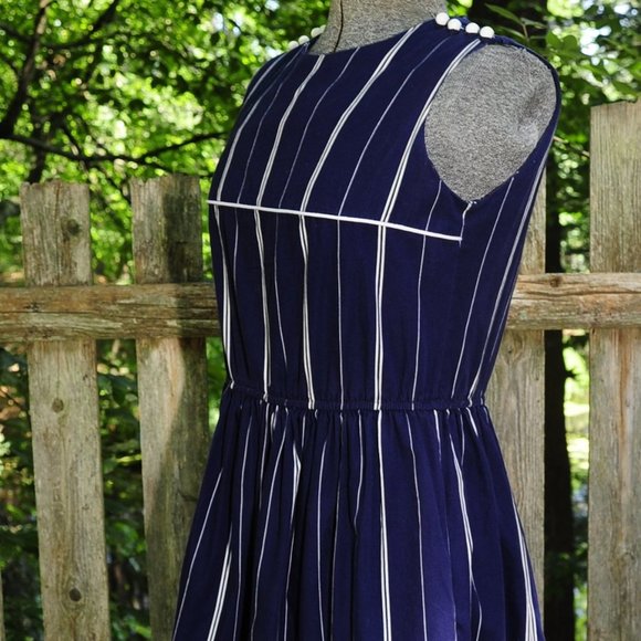 VTG Navy Blue & White Cotton Sleeveless Dress S/M - Picture 10 of 12